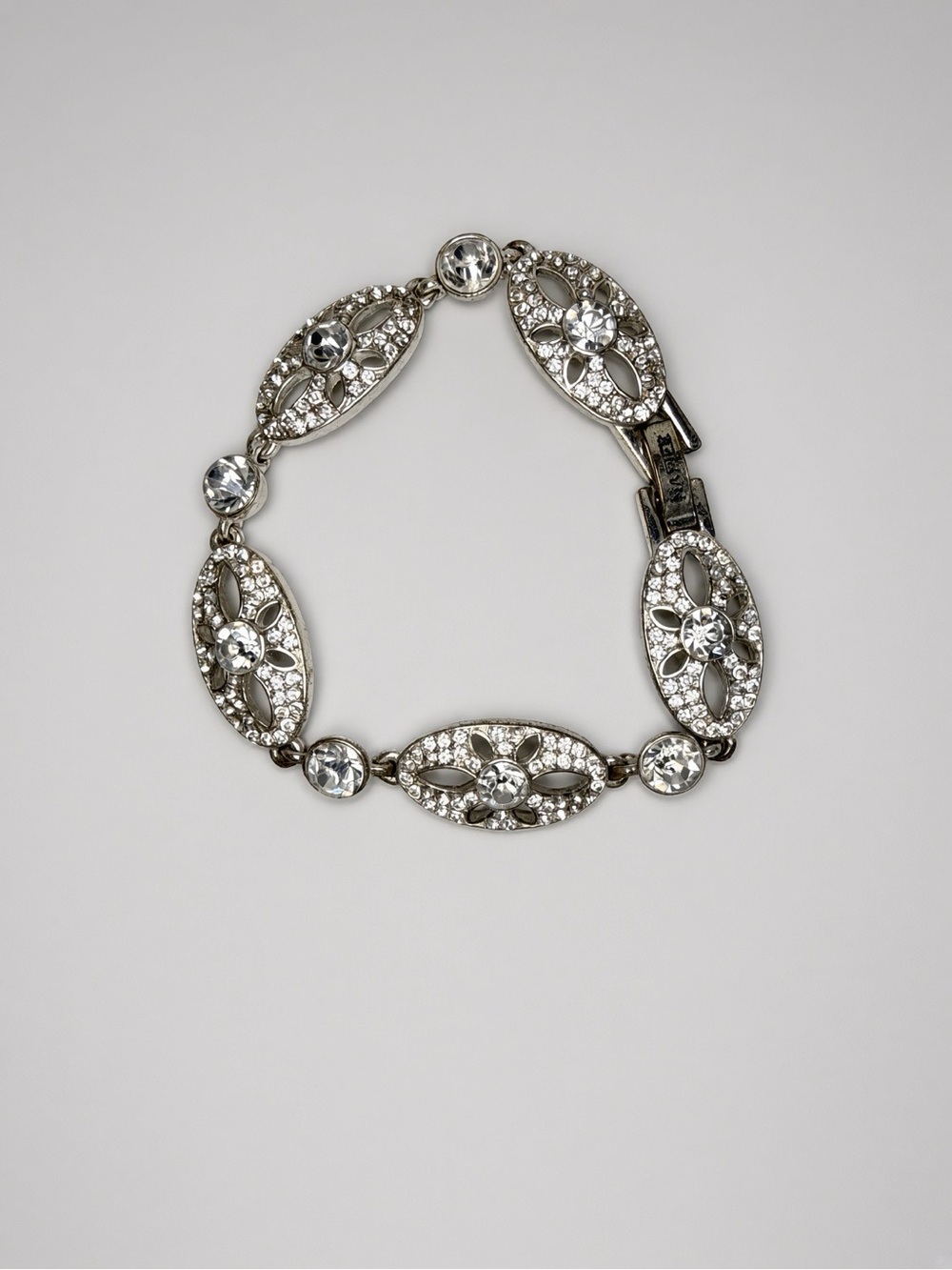 Vintage Napier Signed Silver Rhinestone Floral Openwork Link Bracelet 8”